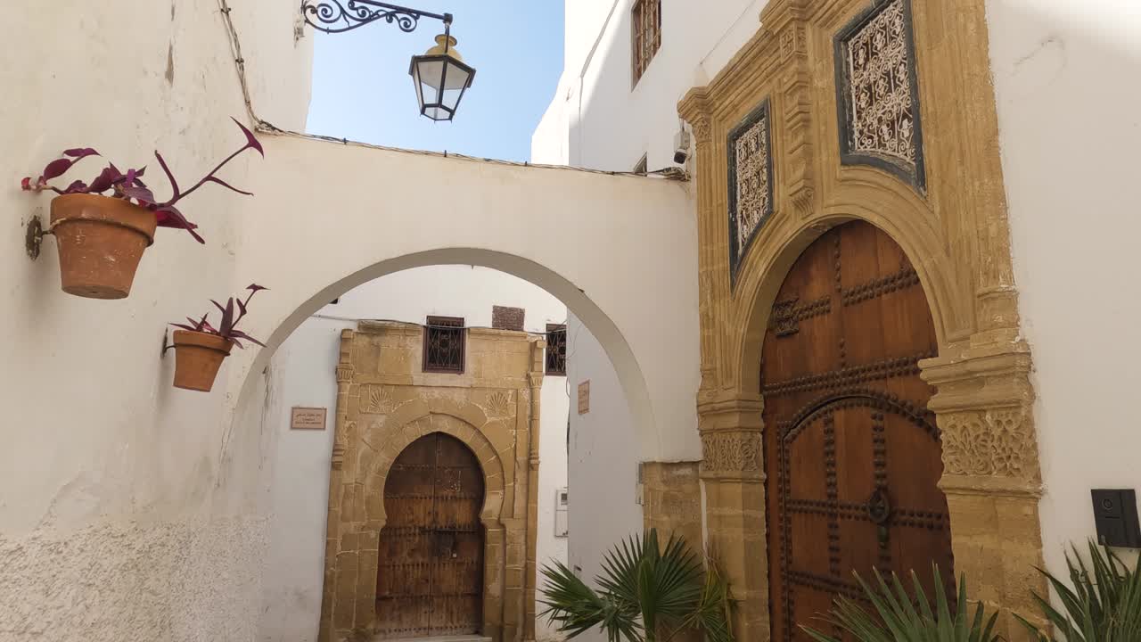 Rabat's Medina: Enchanting alley with ornate doors and vibrant potted plants