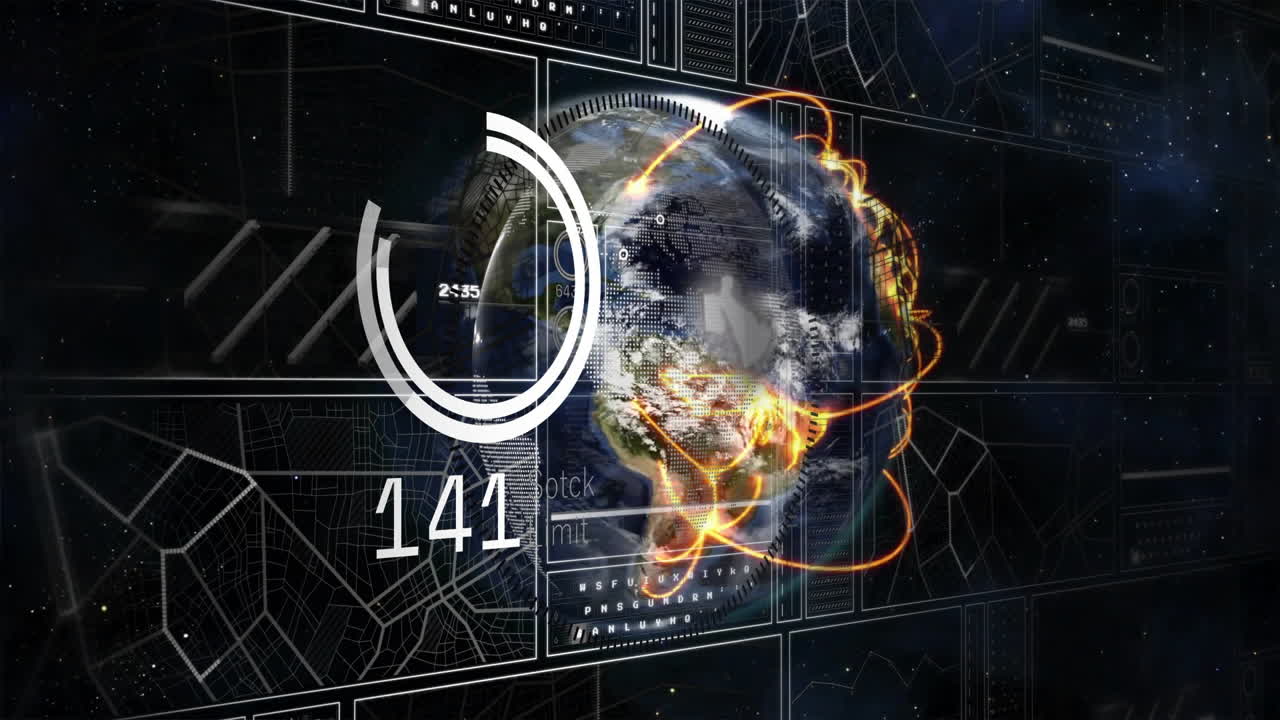 Animation of interface with charts processing data over globe with glowing orange network on black