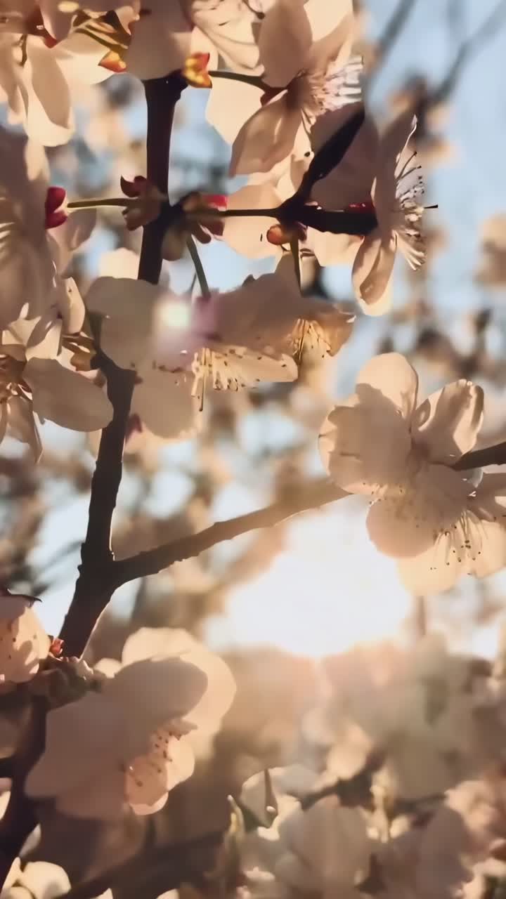 Close-up video of blooming flowers against sunlight, captured from a low angle for a dreamy effect