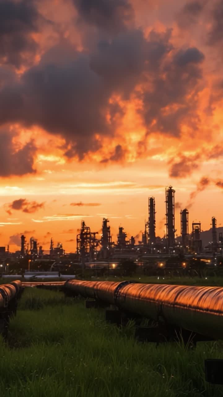 Captivating Industrial Landscape at Dusk with Pipelines and Silhouetted Structures Against a Brilliant Orange and Purple Sky