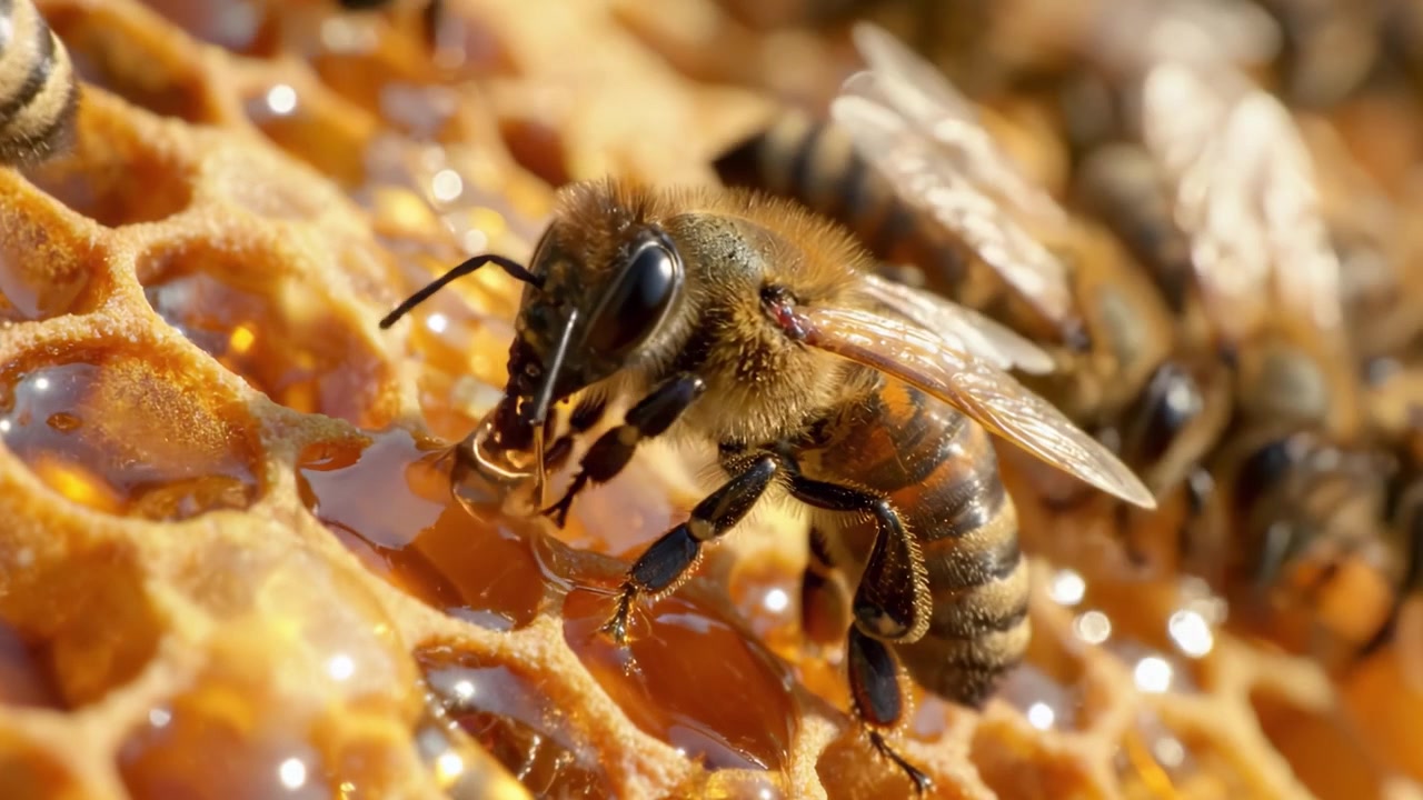Primo Piano di Api Mellifere che Raccolgono Nettare e Producono Miele su un Favo, Evidenziando il Loro Ruolo Vitale nell'Impollinazione e nella Salute dell'Ecosistema