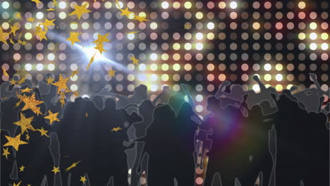 animación de estrellas cayendo sobre siluetas de personas bailando sobre puntos de luz