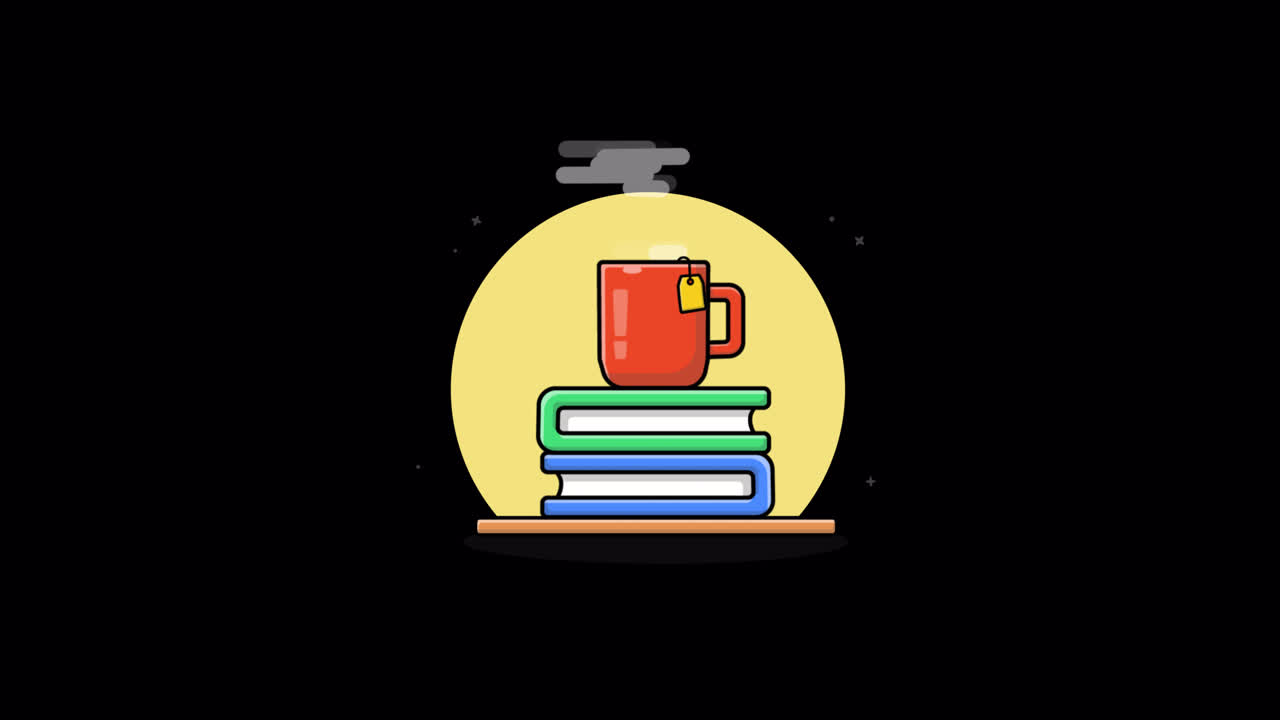 Illustrazione animata di libri impilati e tazza di tè fumante.