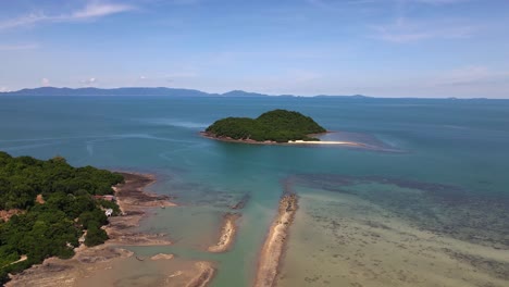 an aerial view of an island covered with green forest with a background of clear sky near koh samui, thailand