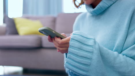 Typing,-message-and-phone-with-hands-of-woman