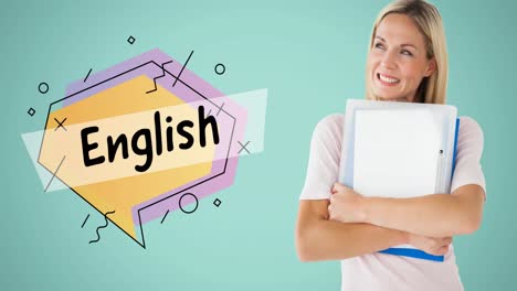 animation of english text over smiling caucasian female teacher
