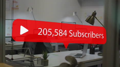 329,020 subscribers animation over modern office workspace with laptop and plants