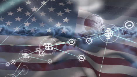 animation of global communication network over globe, stormy sky and american flag