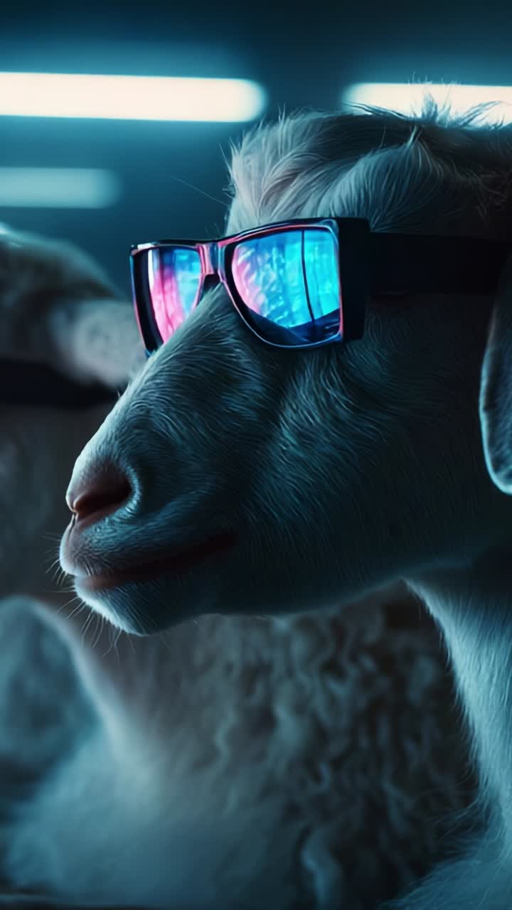 Una cabra elegante con gafas de sol capturada en una escena iluminada con luces de neón, que combina a la perfección lo lindo y lo cool para una experiencia visual única.