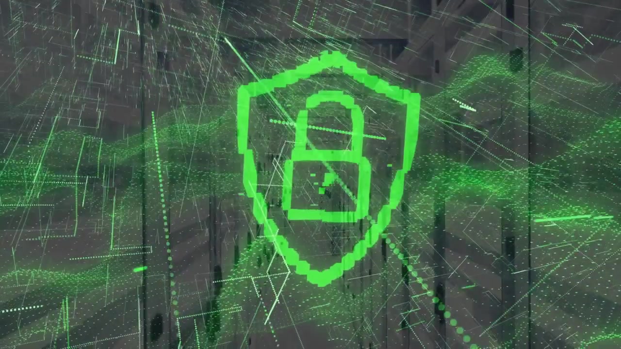 When shield icon appearing, padlock unlocking, locking, waves rising for data security in corridor