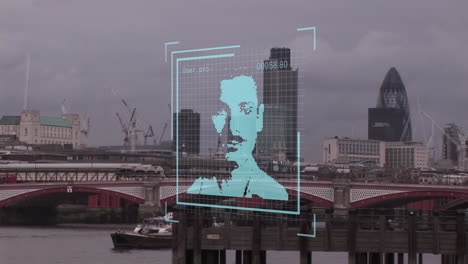 animación de fotos biométricas y procesamiento de datos sobre el paisaje urbano de londres.