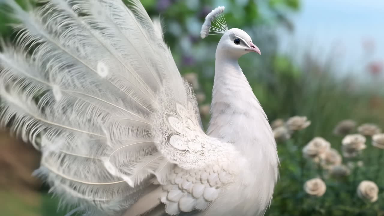 Elegante pavão branco abrindo sua majestosa cauda em um jardim