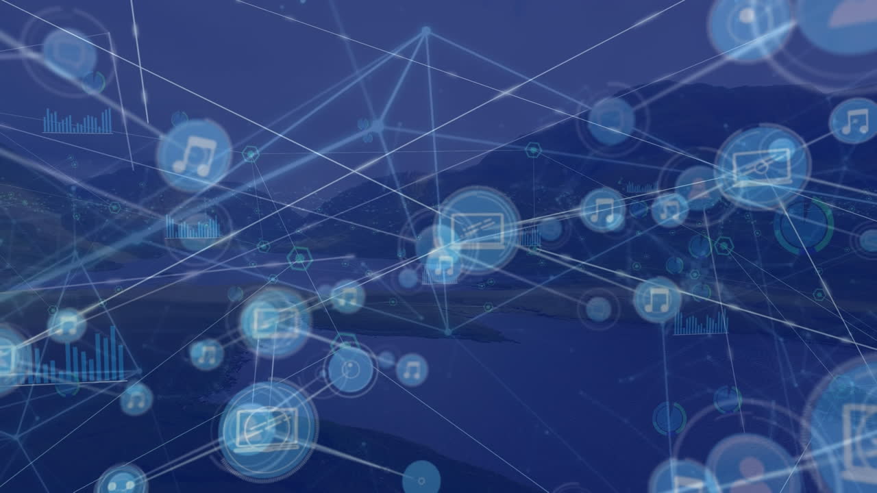 풍경 위의 아이콘으로 연결된 네트워크의 애니메이션