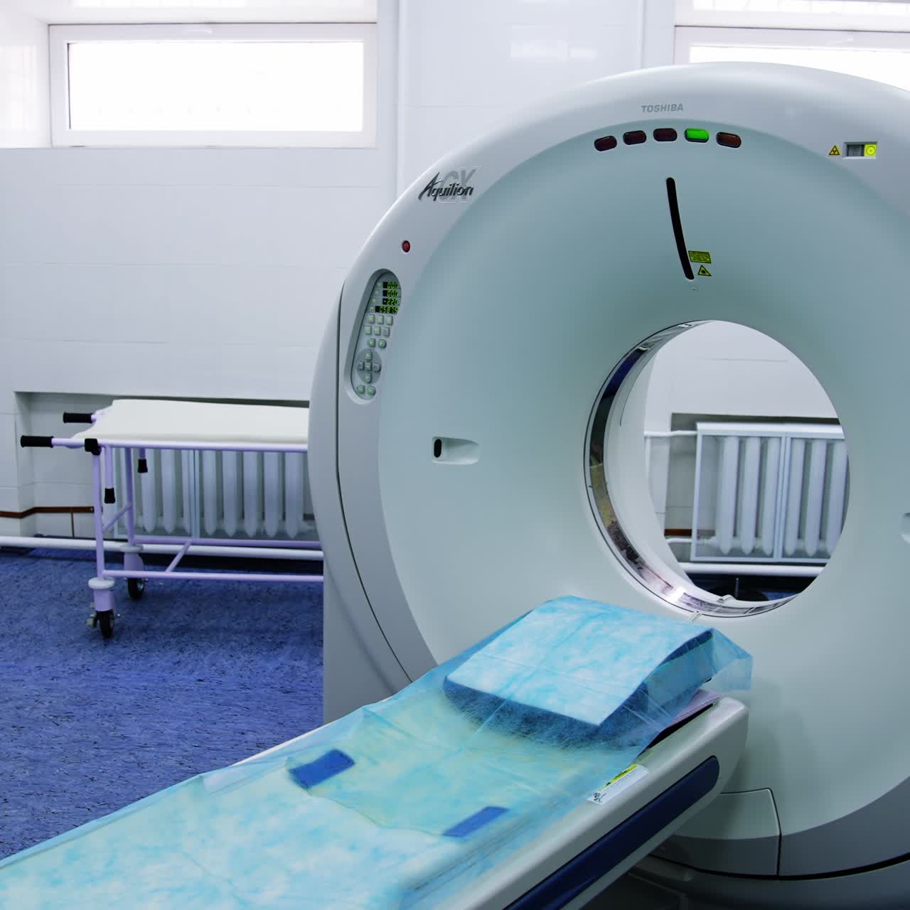 Toshiba equipment for computerized axial tomography scan. Circle footage around the modern magnetic resonance imaging machine