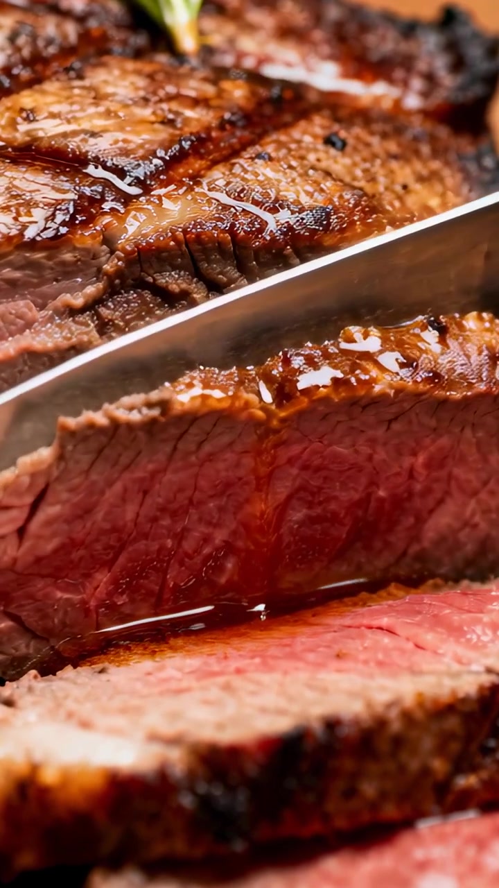 Vertical video: Carving knife slicing seared roast on board, releasing juices for food plating