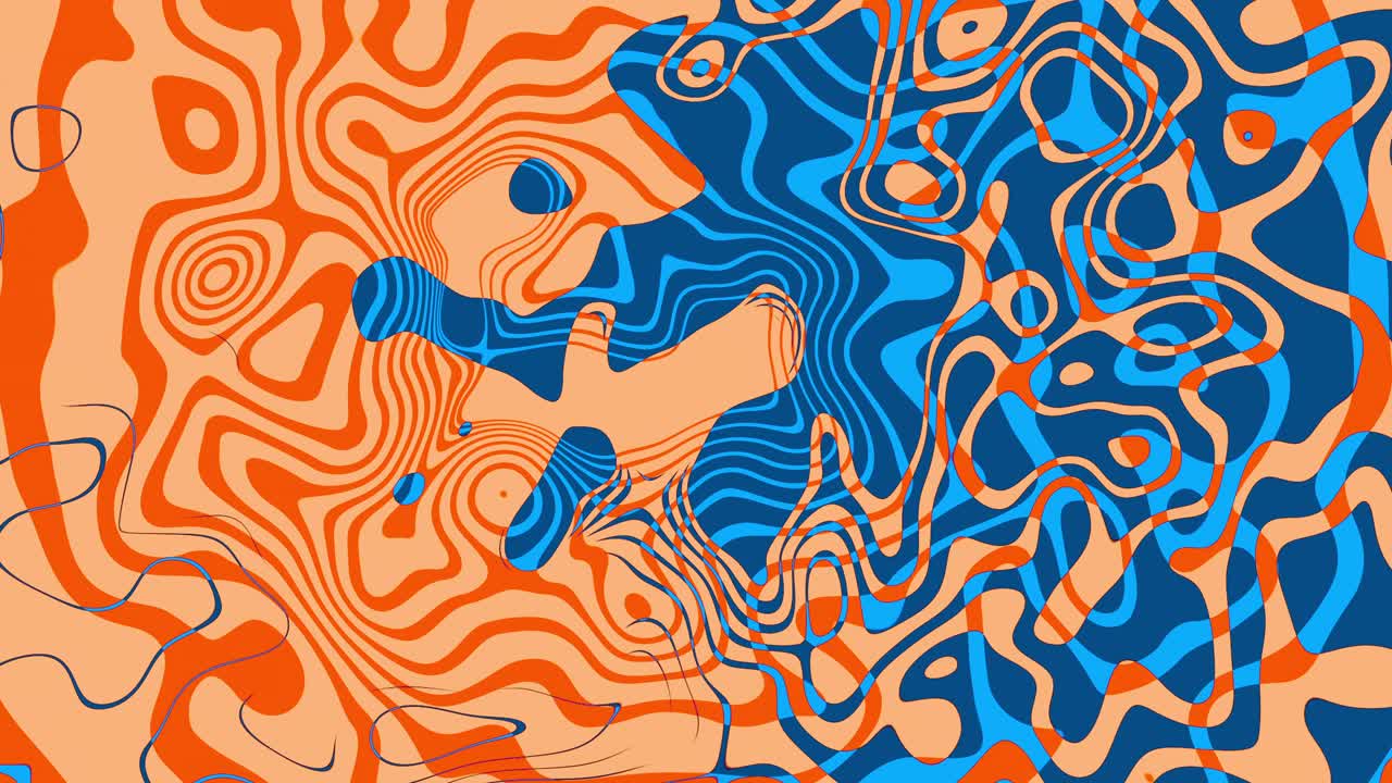 Loopable dynamic abstract animation - turbulent twirling motion with morphing shapes in vibrant orange and blue tones - fluid and chaotic patterns create an energetic and mesmerizing visual