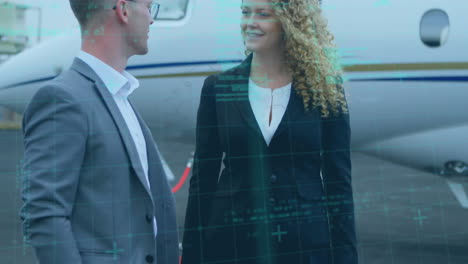 animation of data processing over business people on the airport