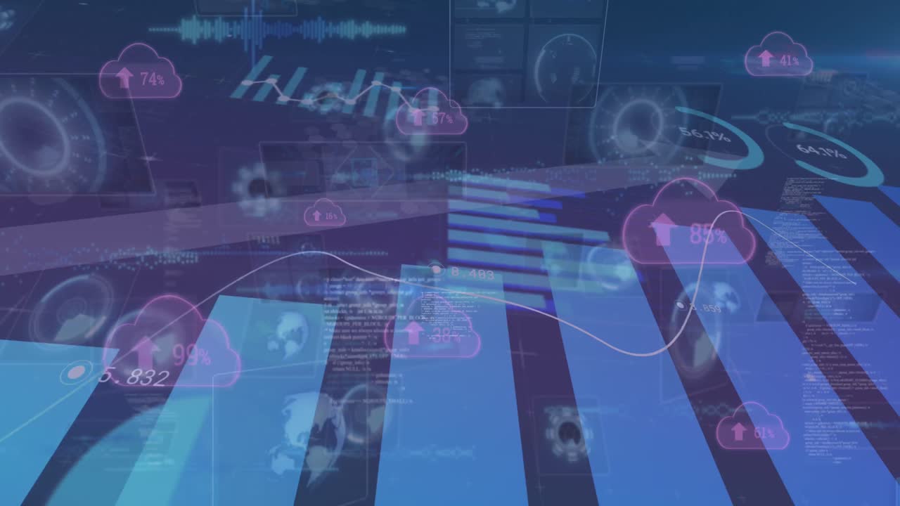 Animation of scopes scanning and data processing over digital clouds with arrows and percent growing