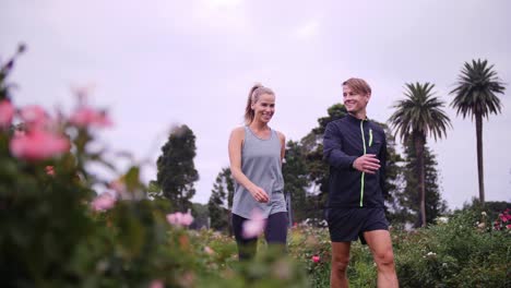 couple walks through rose gardens on a cloud day