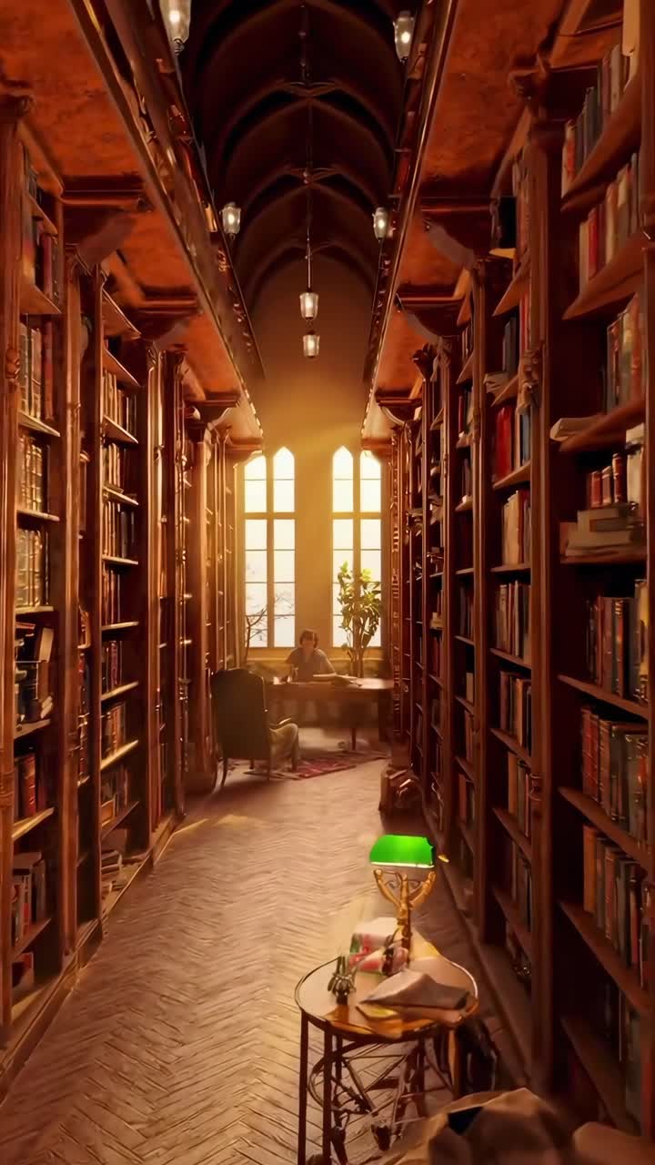 Gemütliche Bibliothek mit hohen Regalen, warmer Beleuchtung und Leiter. Video aus niedrigem Winkel aufgenommen.