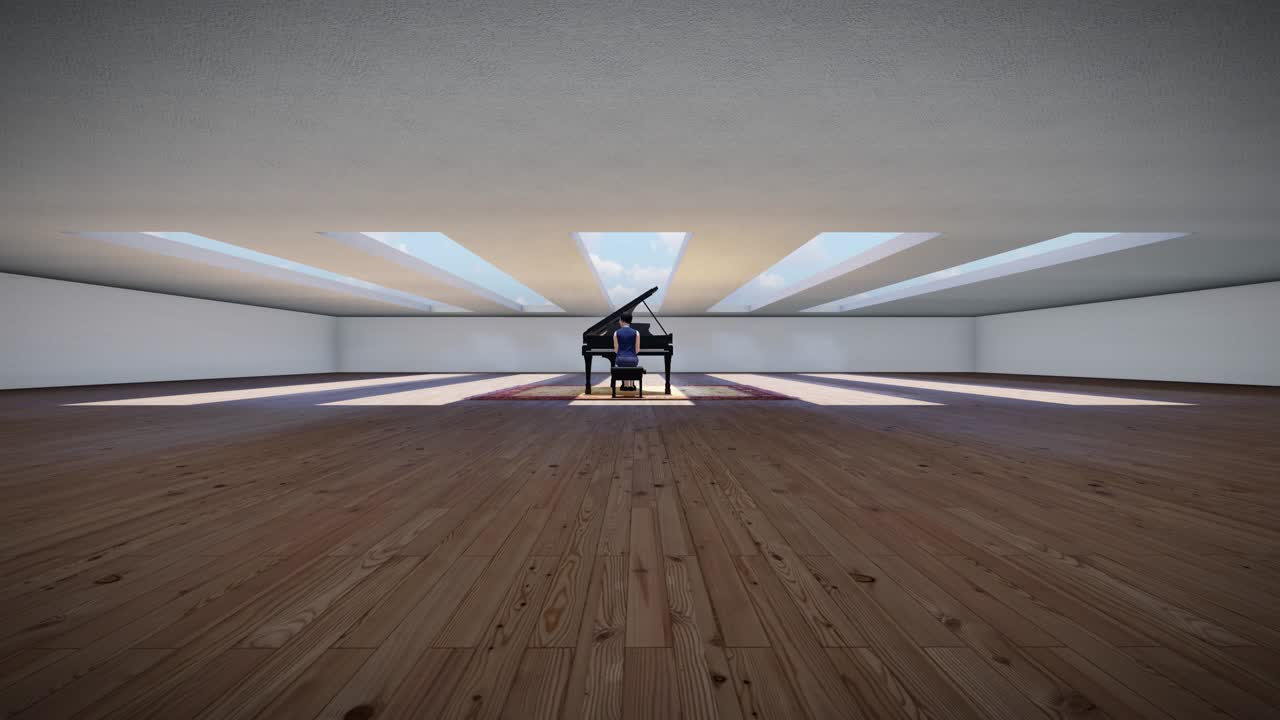 A person playing a grand piano in a spacious, sunlit room with skylights
