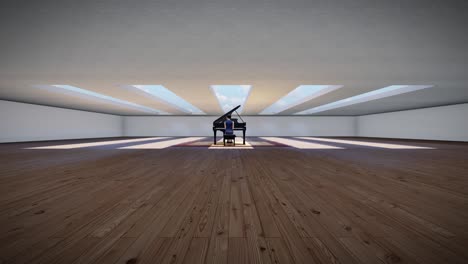 a person playing a grand piano in a spacious, sunlit room with skylights