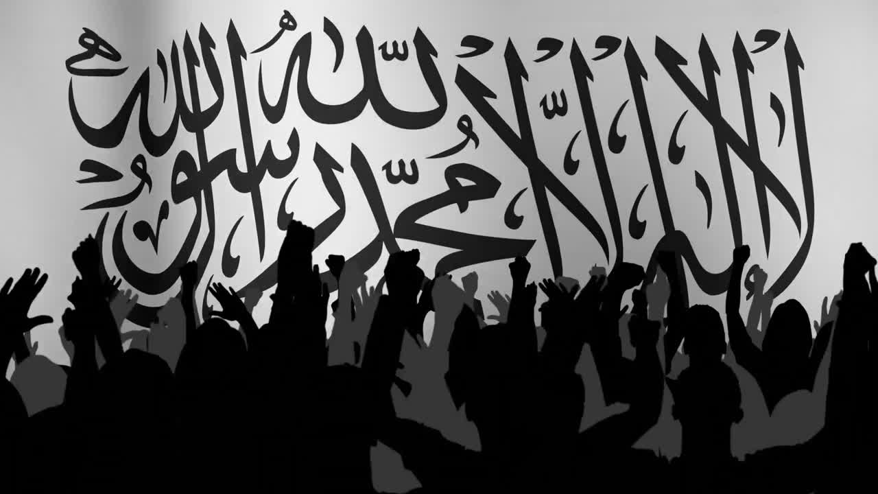 Animation of flag of taliban over people with raised hands