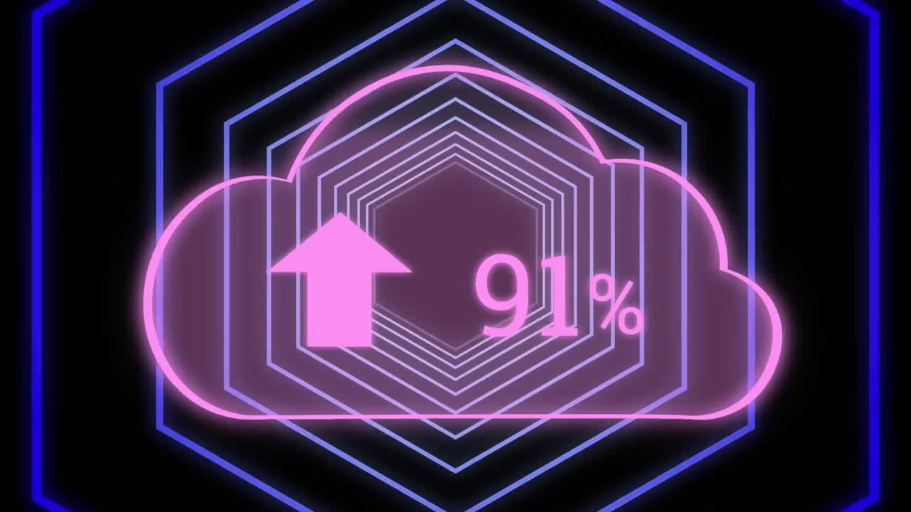 네온 육각형 위에 점점 더 많은 수를 가진 구름의 애니메이션