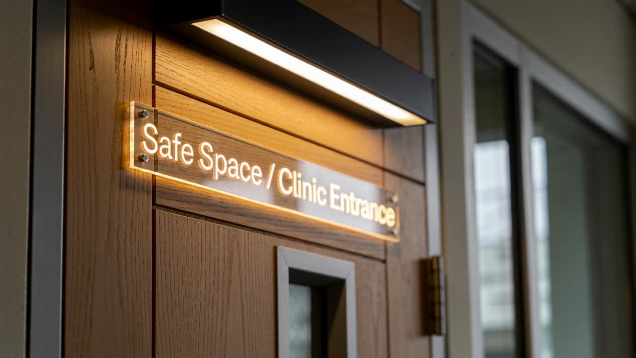 클로즈업에서 뒤로 물러나는 카메라가 불 켜진 Safe Space Clinic 간판을 보여주며 유리 칸막이를 드러냅니다.