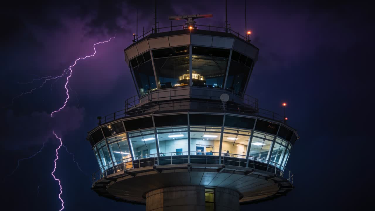 Lyn slår ned i et lagdelt ATC-tårn om natten, og lyser opp glassdekte etasjer og radarantenne under en storm.