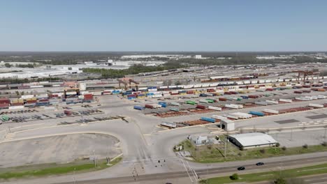 BNSF-shipping-yard-in-Memphis,-Tennessee-with-drone-video-wide-shot-panning-left-to-right