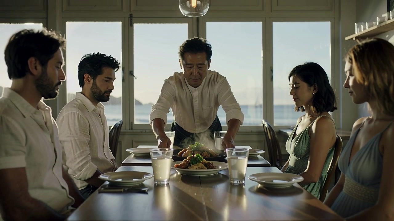 Placing dark-apron server entering with tray, arranging steaming dish at seaside table for four