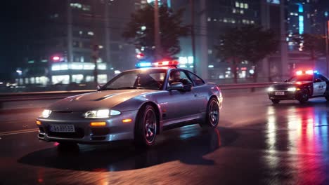 an exhilarating police pursuit unfolds throughout a vibrant neon-lit city, featuring high-speed cars and the deafening wail of sirens echoing through the streets