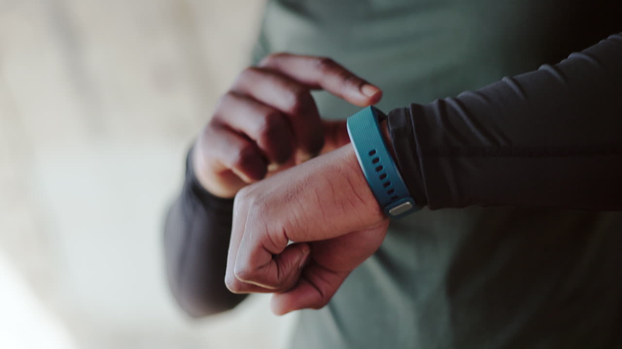 Fitness, smart watch and hands scroll