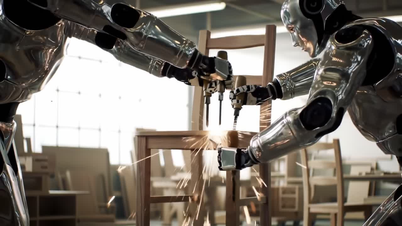 Two Advanced Robots Collaborate to Assemble a Wooden Chair in a Modern Workshop Setting, Showcasing Precision and Innovation in Robotic Engineering Techniques