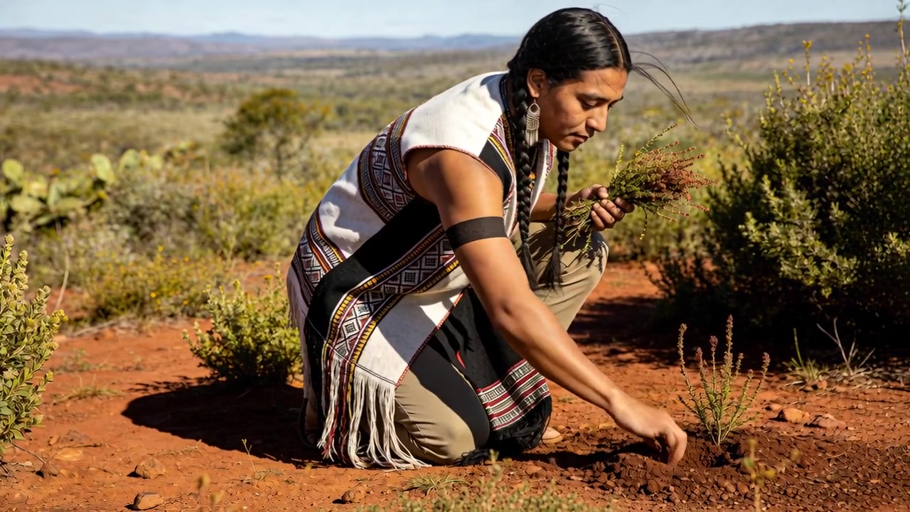 Kvinde iført frynser vælger kviste, graver et hul og planter en plante til jordpleje i den røde outback.