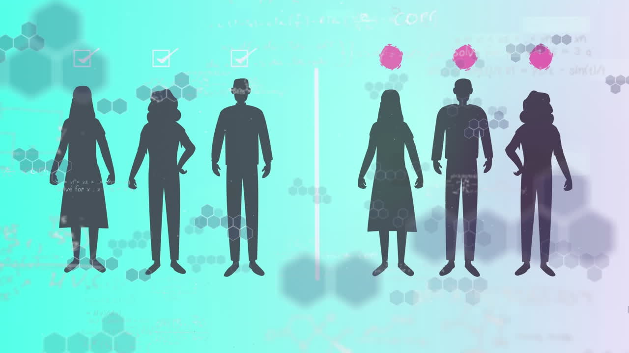 화학적 구조와 수학적 방정식이 사람들 위에 떠다니며 사회적 거리를 유지합니다.