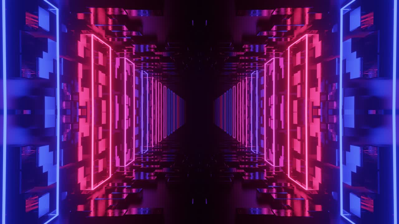Glow sci fi symmetrical construction. Vj loop trendy neon tunnel. hi tech neon tunel. Sci-fi flight through cyberspace with symmetry. Video game or vj night club background with neon light