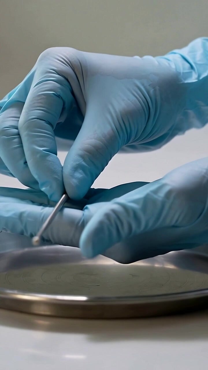 Vertical video: Grasping rod nitrile-gloved hands pressing pin into gauze on clinical bench marking