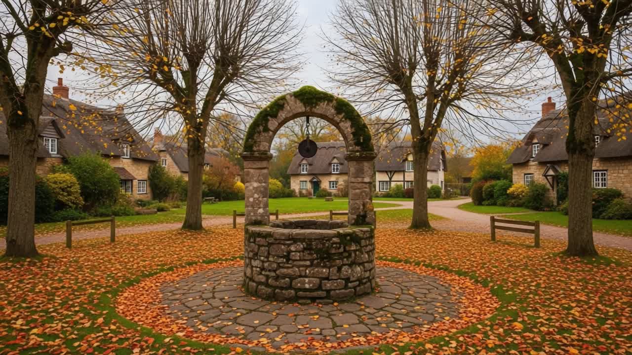 A Serene Autumn Scene Featuring a Stone Well Surrounded by Majestic Trees and Fallen Leaves in a Quaint Village Setting