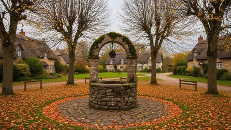 a serene autumn scene featuring a stone well surrounded by majestic trees and fallen leaves in a quaint village setting