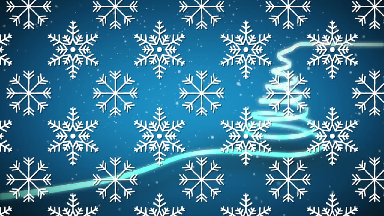 파란 리본과 눈이 떨어지는 크리스마스 트리의 애니메이션