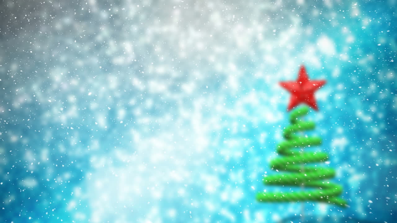 animación de nieve cayendo sobre el árbol de navidad sobre un fondo azul