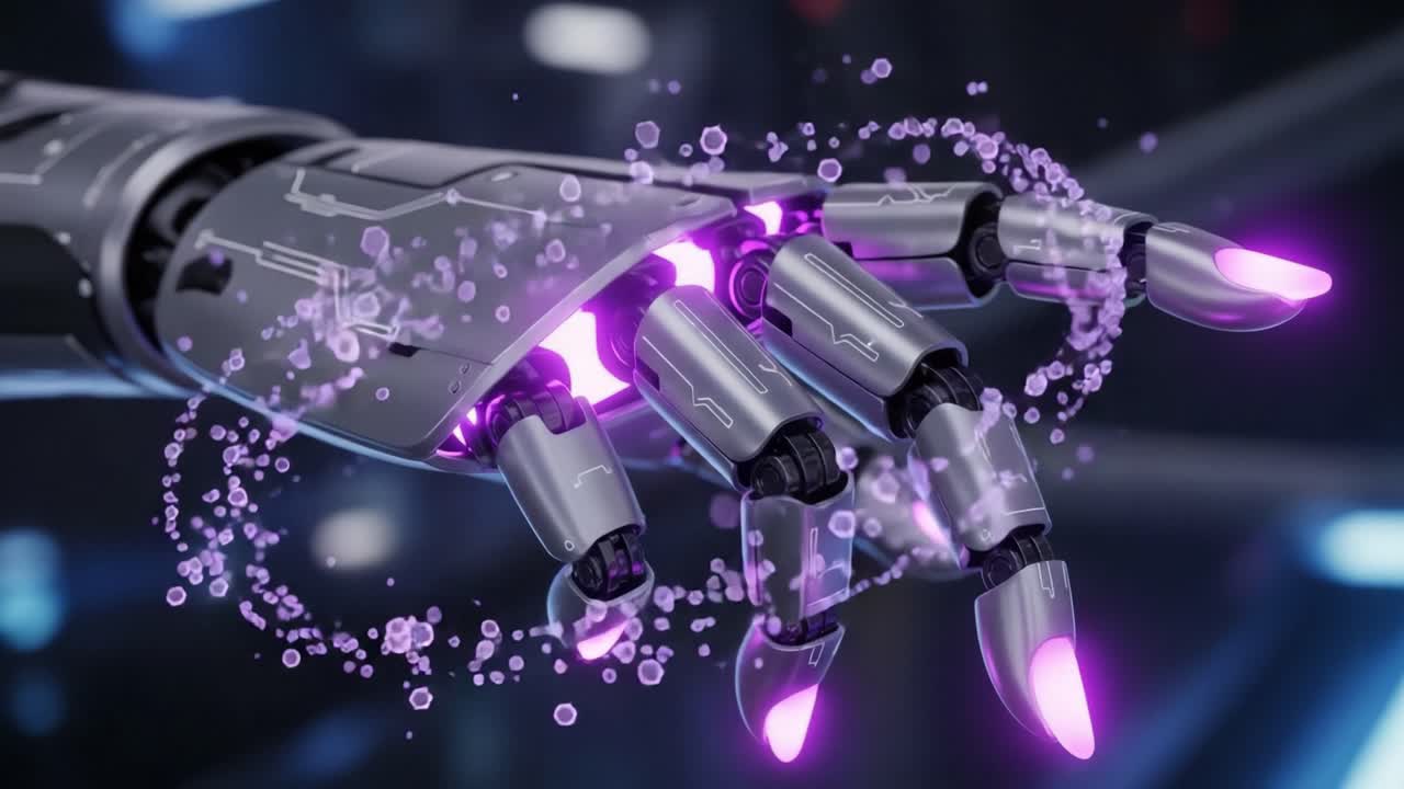 A Futuristic Robotic Hand Manipulating Vibrant Energy Particles, Representing Advanced Technology and Interaction in a High-Tech Environment