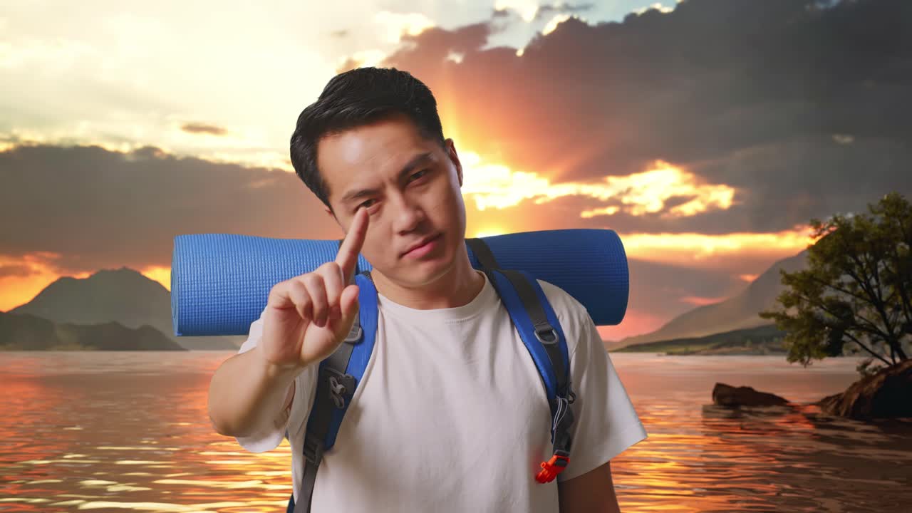 Close Up Of Asian Male Hiker With Mountaineering Backpack Showing No Gesture With Index Finger At A Lake