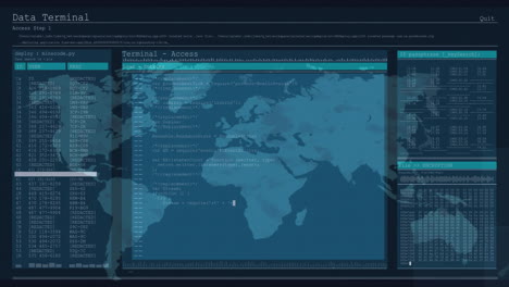 animación del lenguaje informático en la interfaz del terminal y el mapa sobre fondo negro