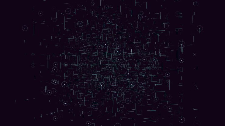 Complex network glowing blue lines and dots on black background