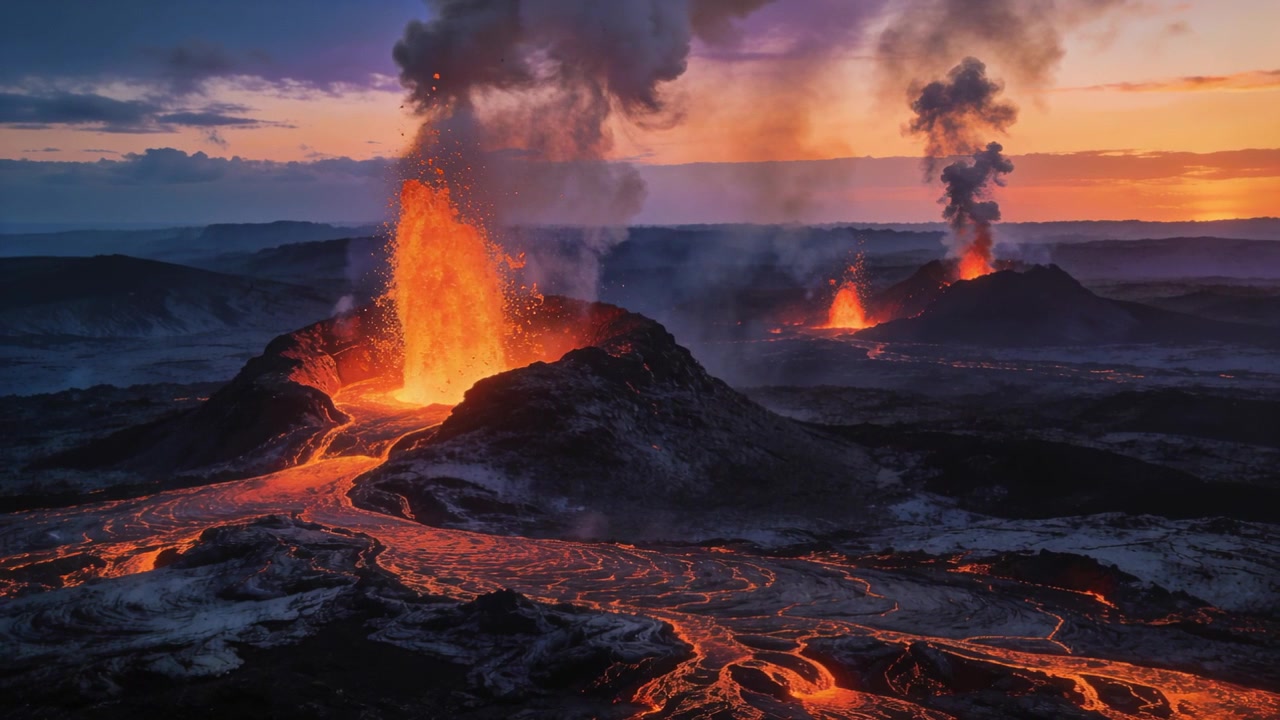 Magma déferlant alimentant le cône éruptif principal, projetant des jets de lave plus hauts au coucher du soleil, un évent secondaire fumant.