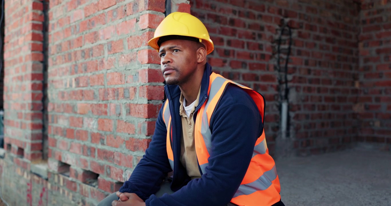 Construction Worker Sitting and Resting at Building Site