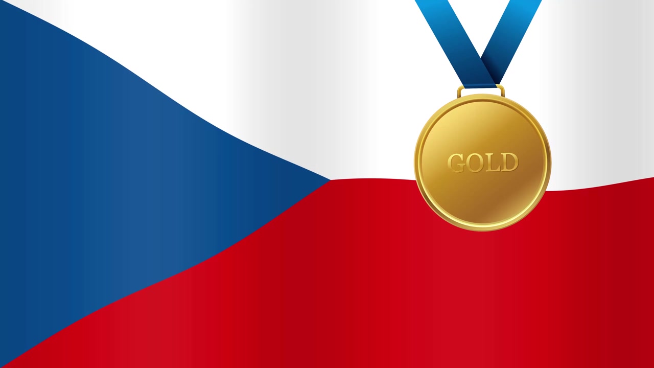Tło z powiewającą flagą Czech przedstawia złoty medal wpadający w kadr